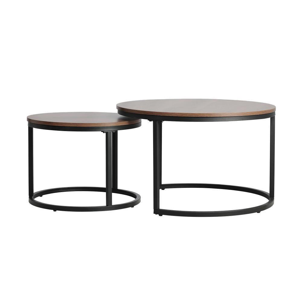 Set of 2 Nesting Coffee Table Round Walnut&Black