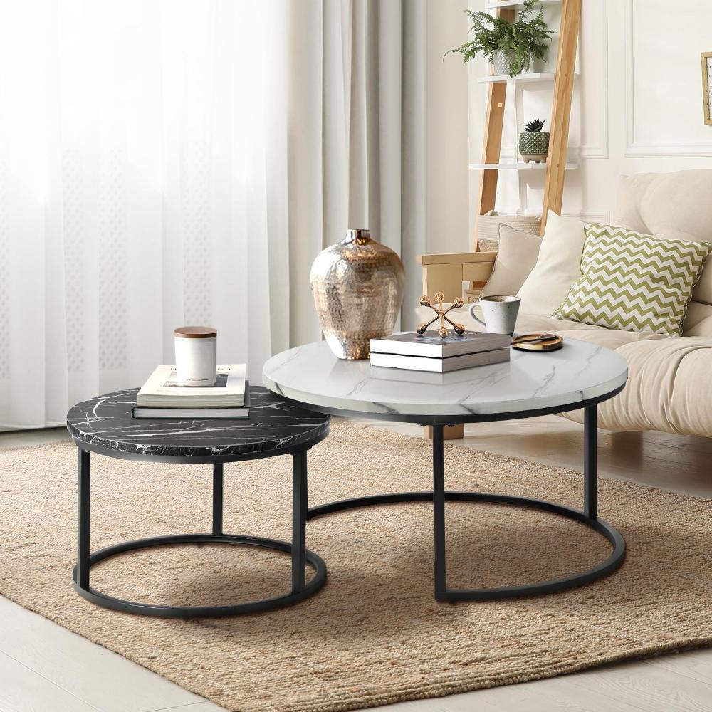 Set of 2 Coffee Table Round Nesting White & Black