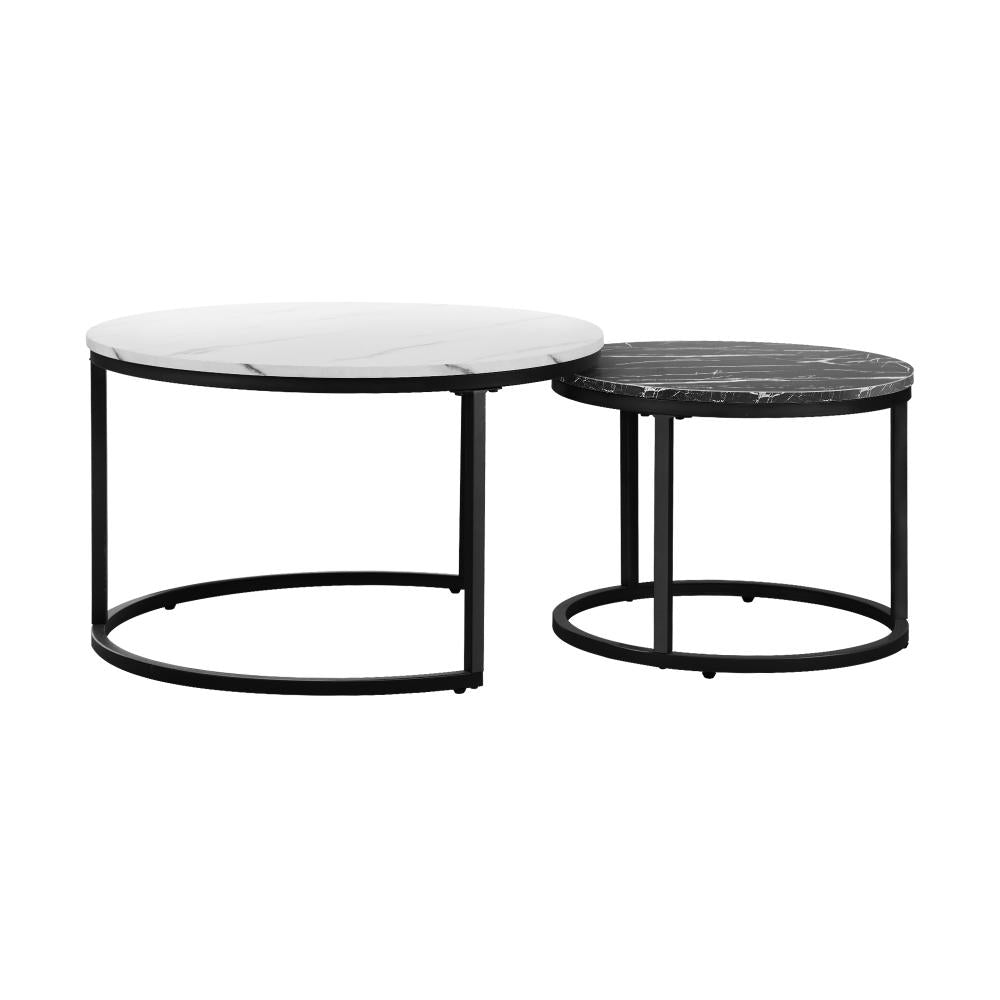 Set of 2 Coffee Table Round Nesting White & Black