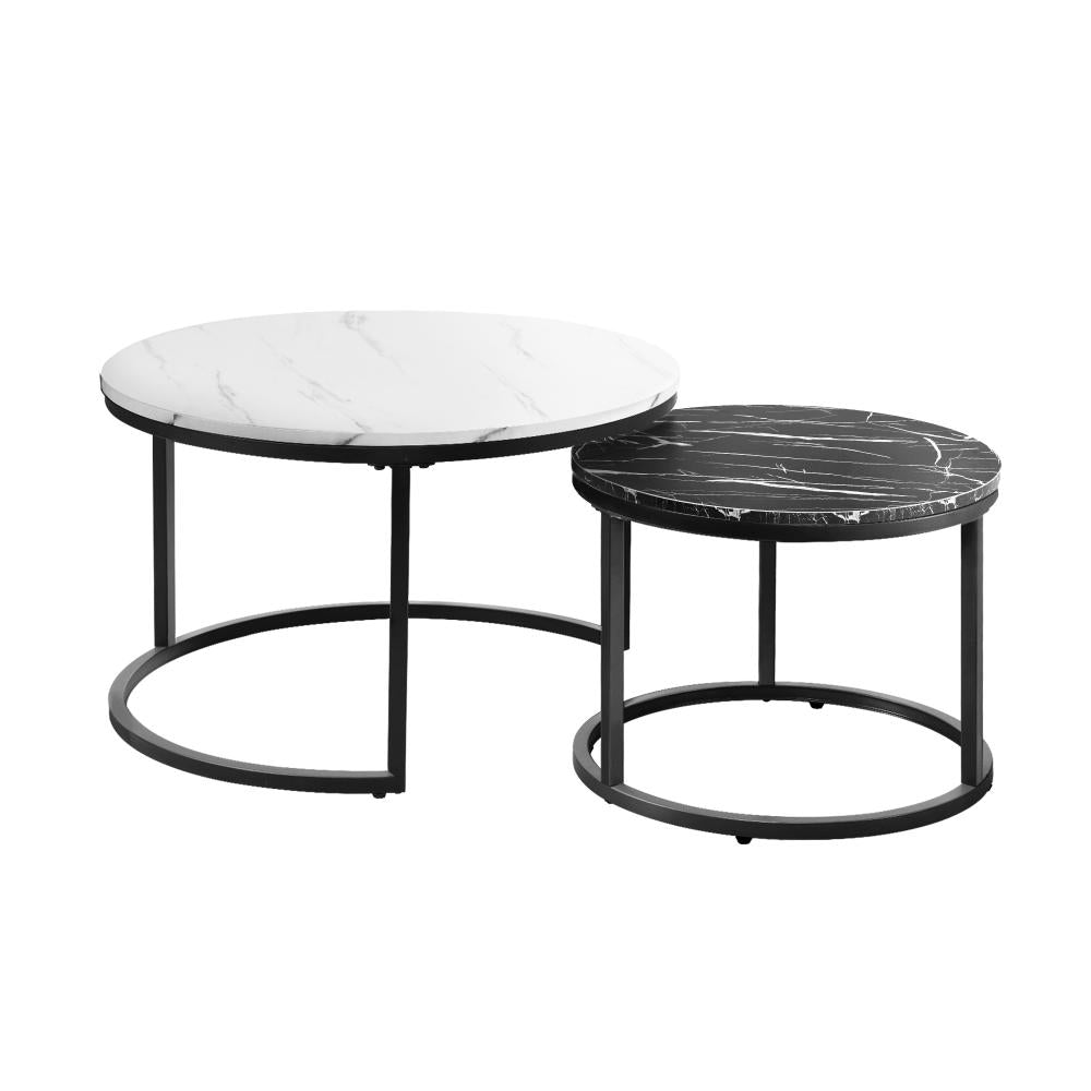 Set of 2 Coffee Table Round Nesting White & Black