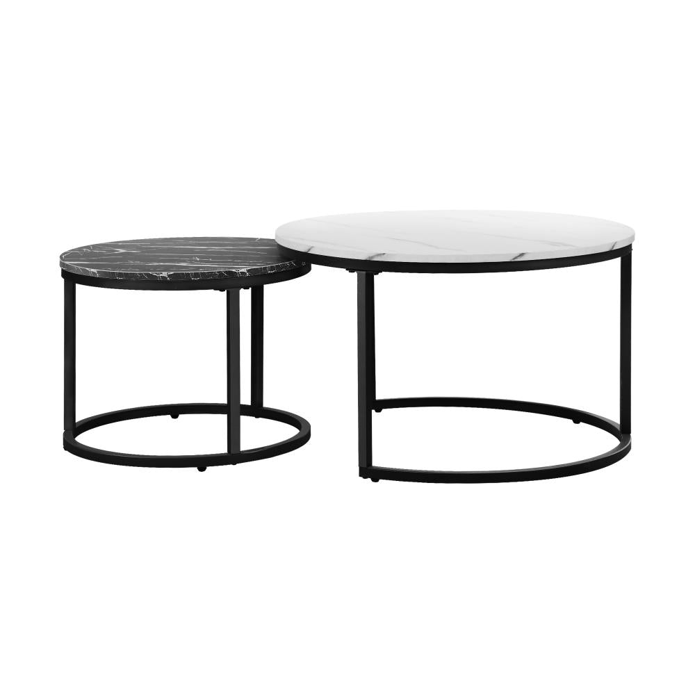 Set of 2 Coffee Table Round Nesting White & Black