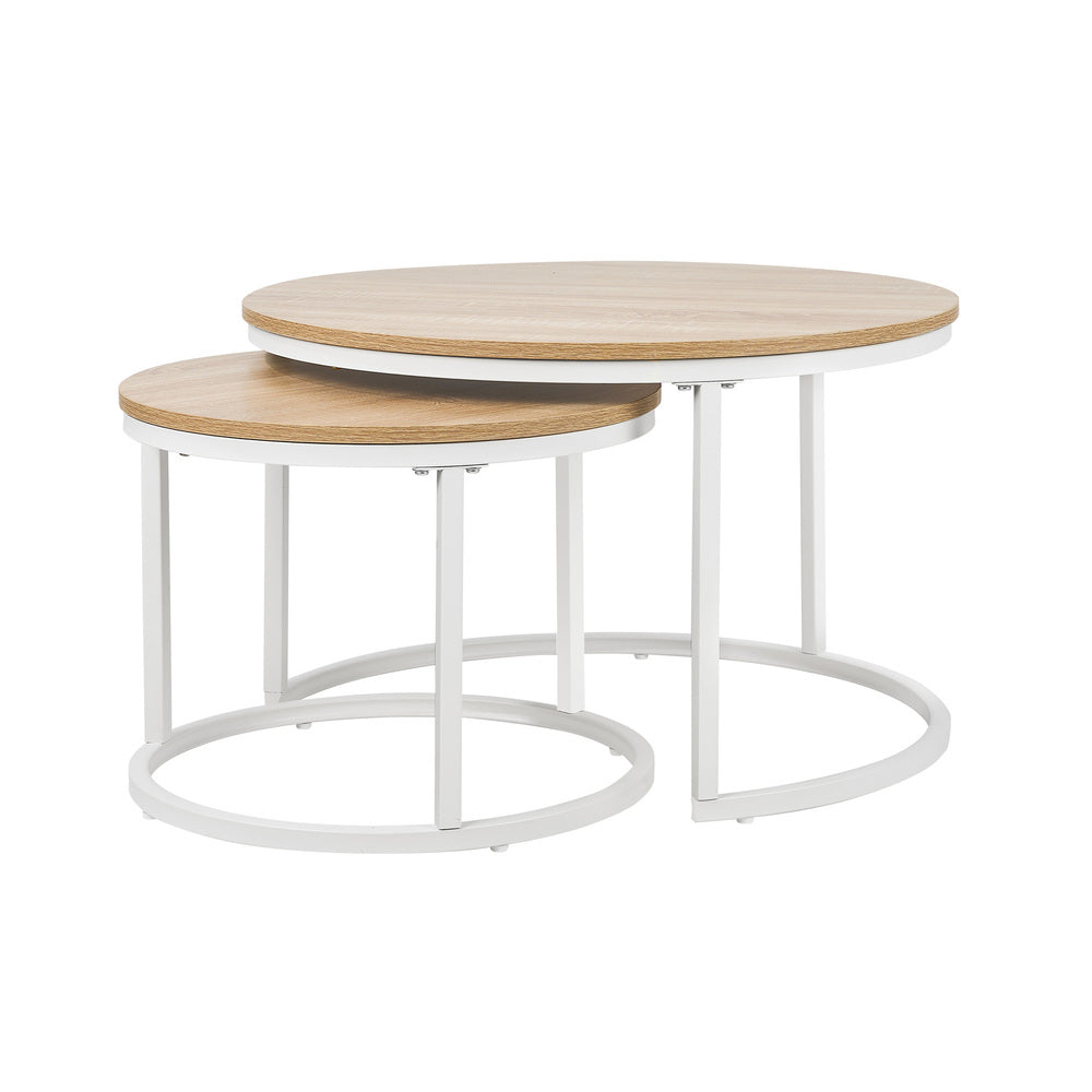 Oikiture Set of 2 Nesting Coffee Table Round Natural & White