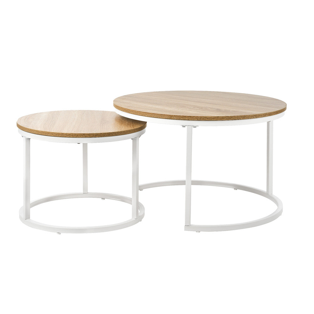 Oikiture Set of 2 Nesting Coffee Table Round Natural & White