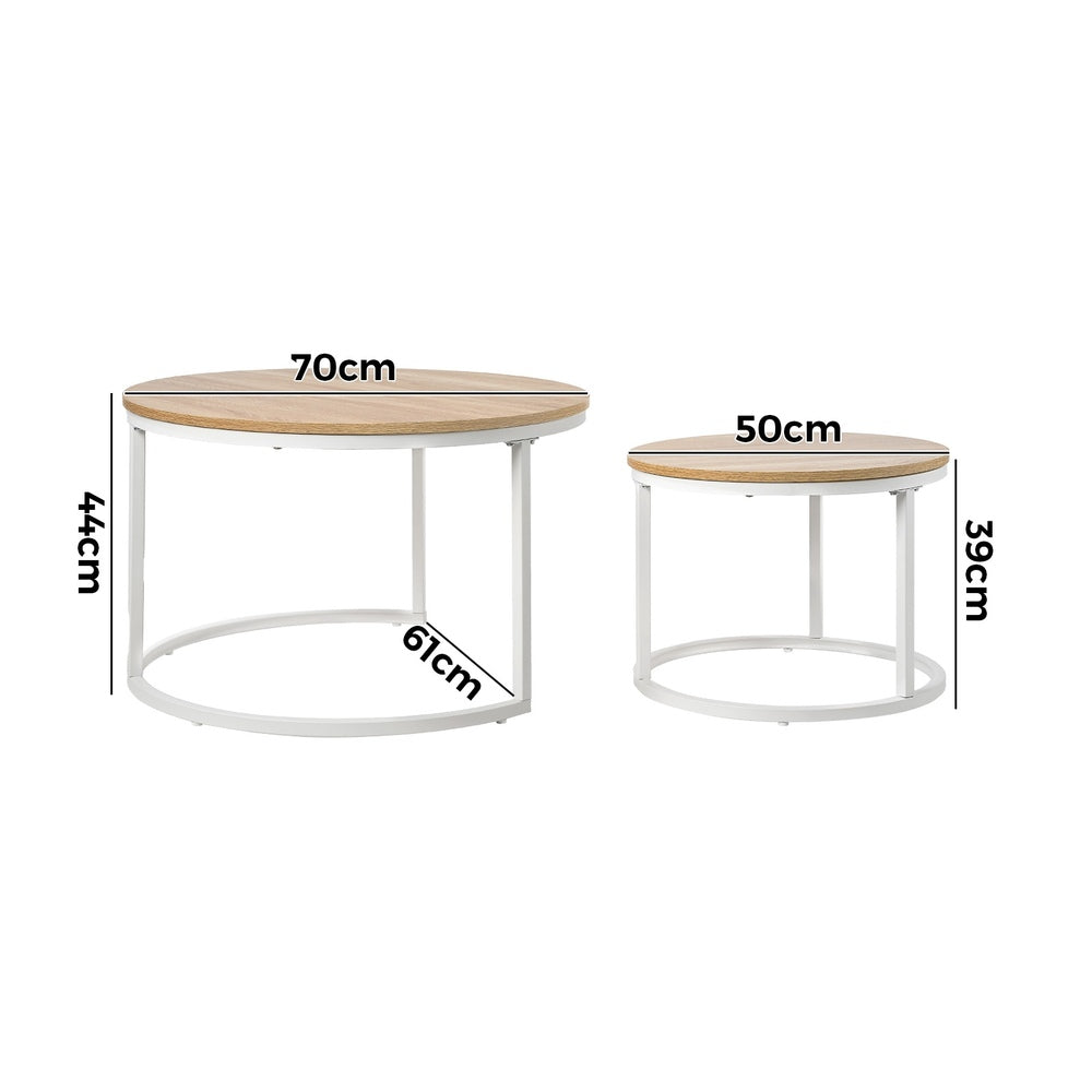 Oikiture Set of 2 Nesting Coffee Table Round Natural & White