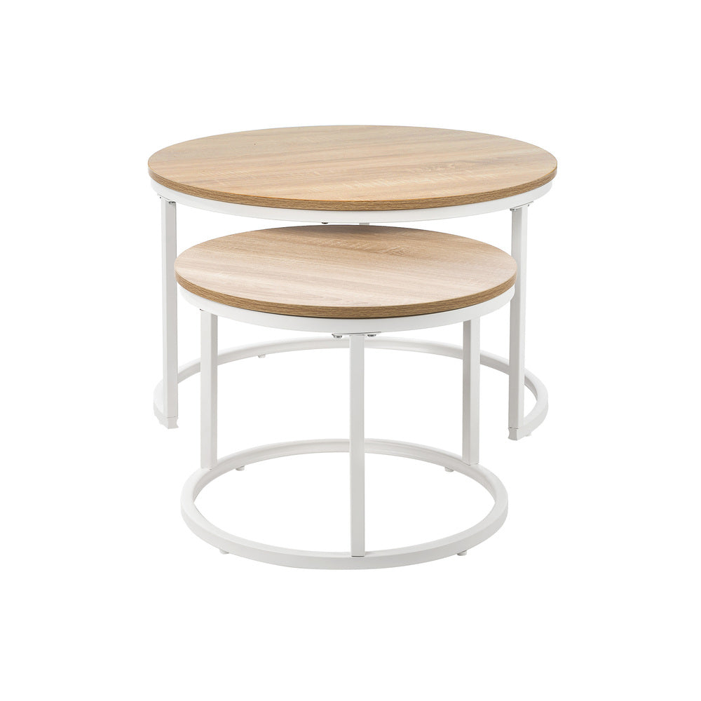 Oikiture Set of 2 Nesting Coffee Table Round Natural & White
