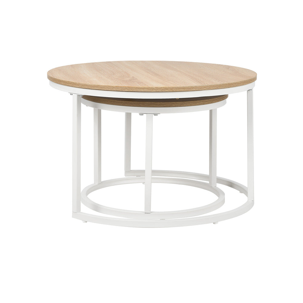 Oikiture Set of 2 Nesting Coffee Table Round Natural & White