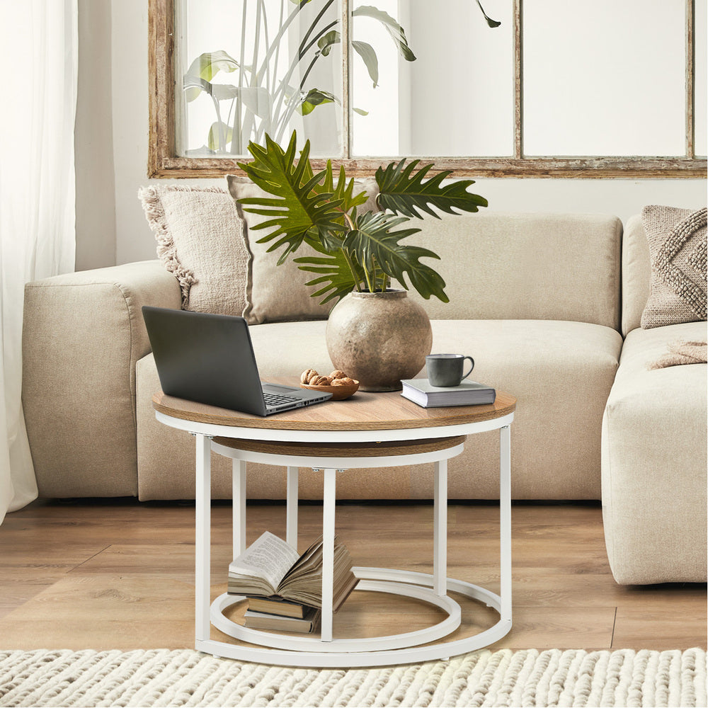 Oikiture Set of 2 Nesting Coffee Table Round Natural & White