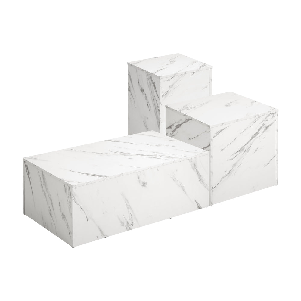 Oikiture Coffee Table Set of 3 Side Tables Marble Effect White