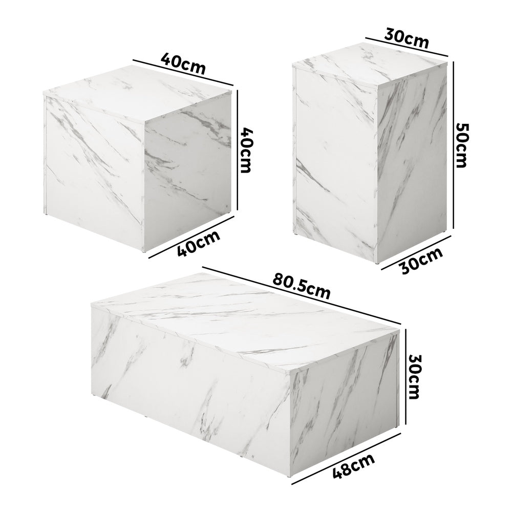 Oikiture Coffee Table Set of 3 Side Tables Marble Effect White