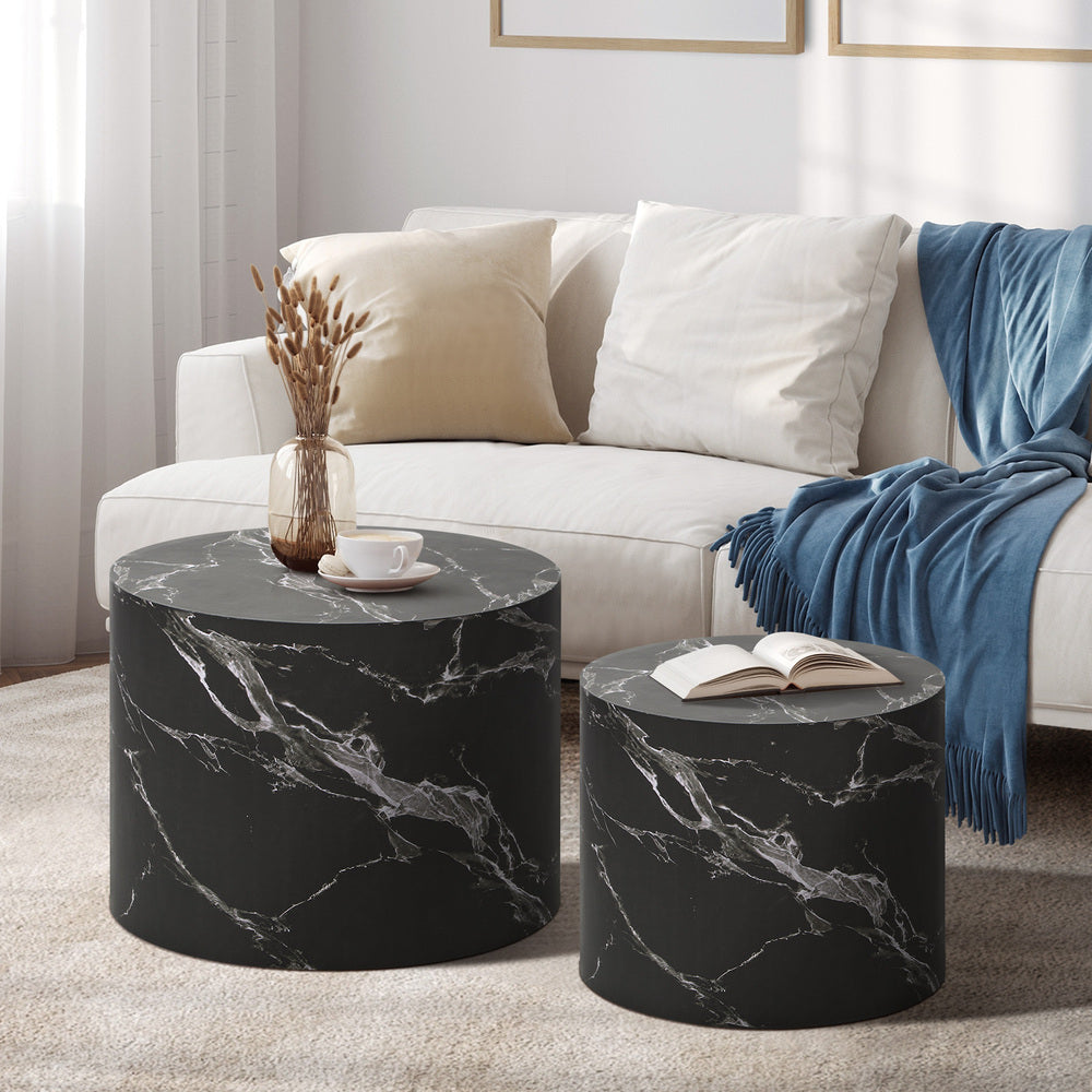 Oikiture Round Coffee Table Set of 2 Marble Effect Black