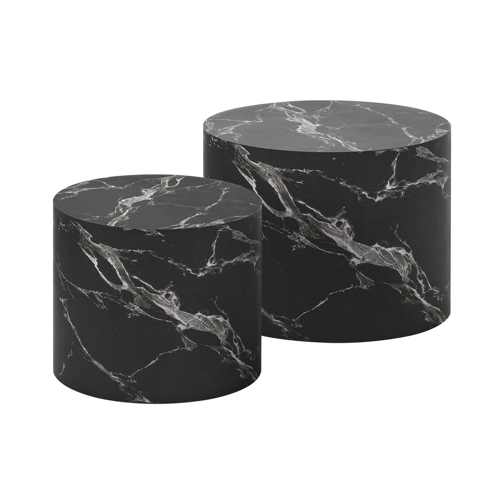 Oikiture Round Coffee Table Set of 2 Marble Effect Black