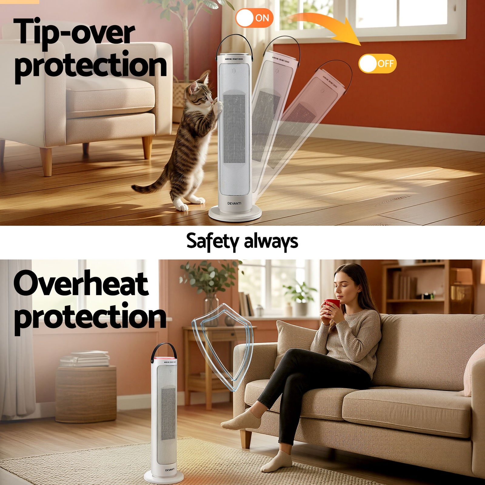 2000W Ceramic Tower Heater Space Heaters Oscillating Indoor White