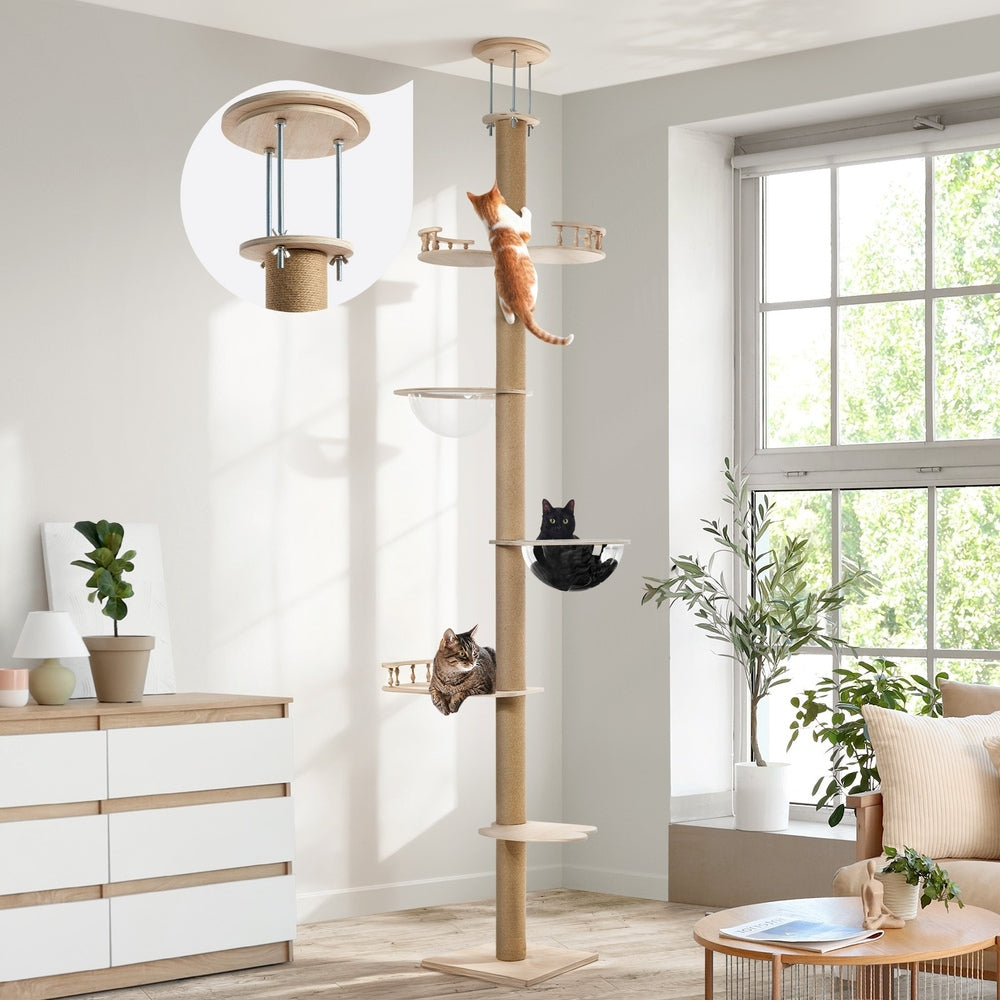 Cat Tree Wood Tower Scratching 300cm Post Floor to Ceiling