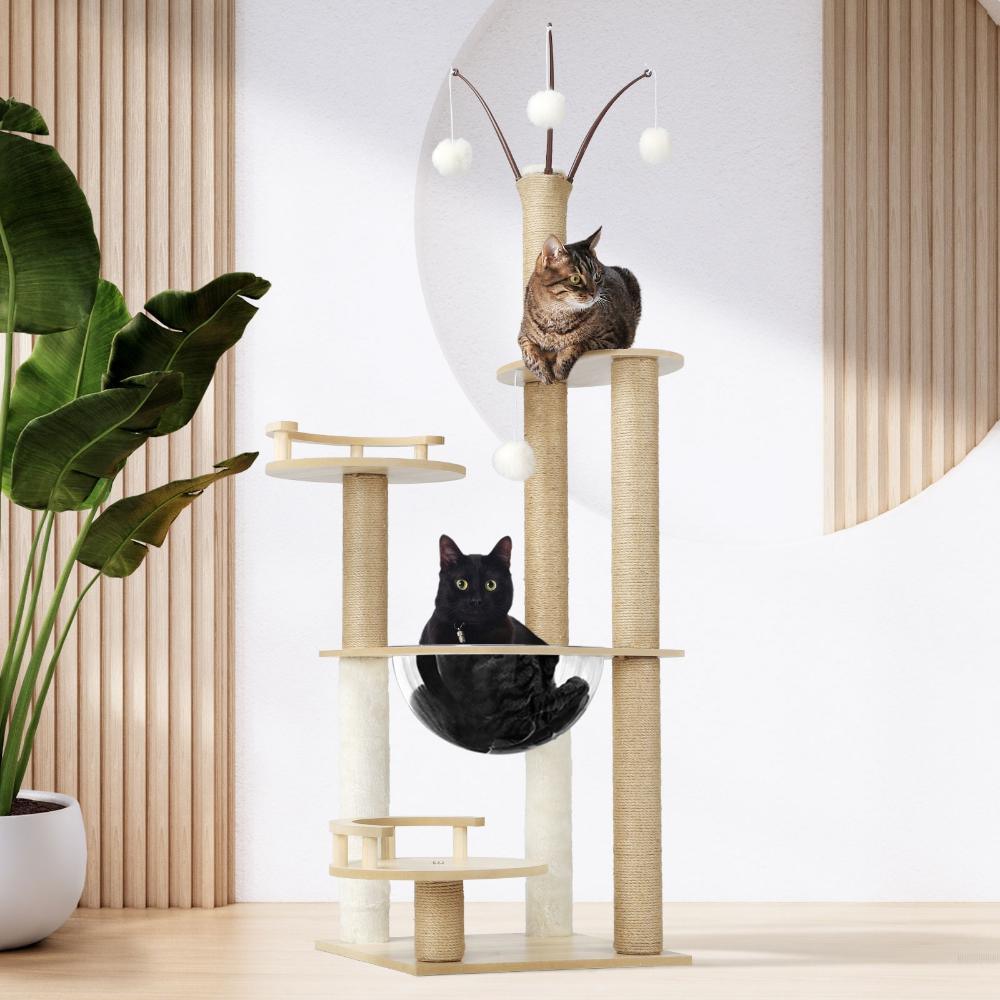 132cm Wooden Cat Tree Scratching Post Acrylic Bowl