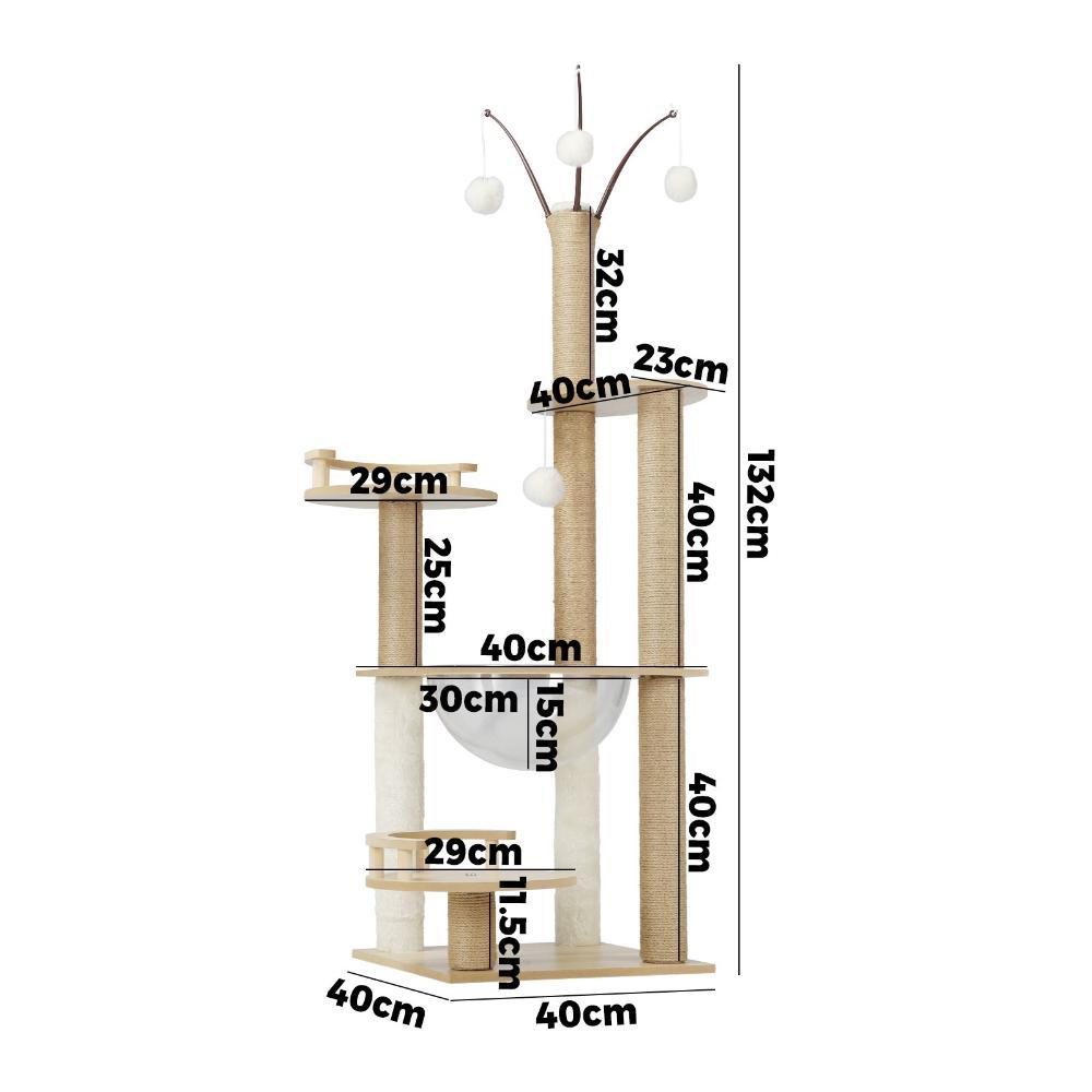 132cm Wooden Cat Tree Scratching Post Acrylic Bowl