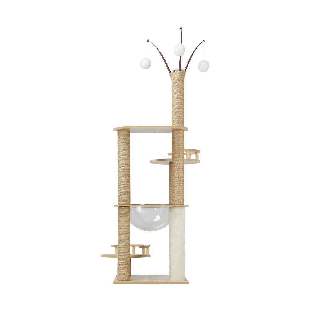 132cm Wooden Cat Tree Scratching Post Acrylic Bowl