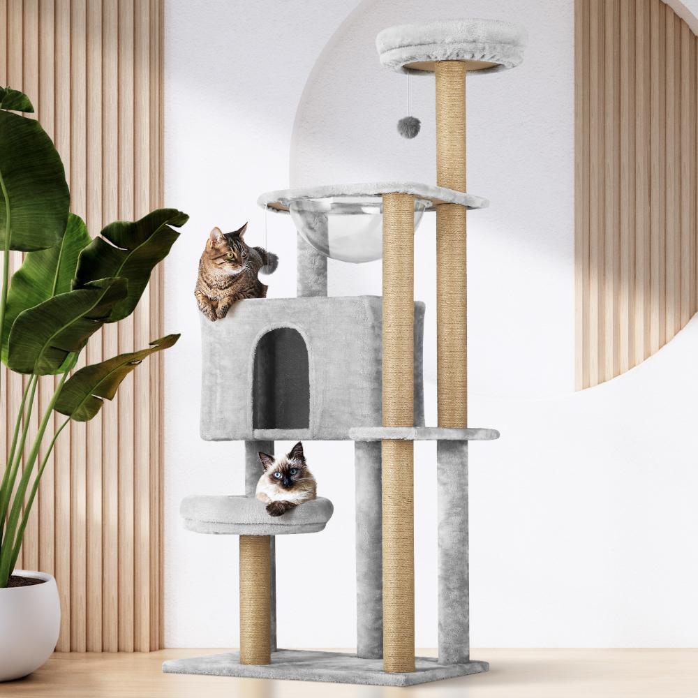 140cm Cat Tree, Grey Cat Tower Scratching Post