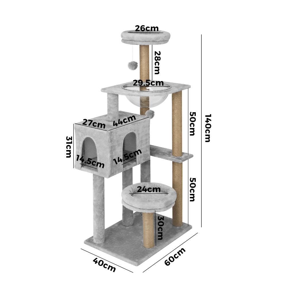 140cm Cat Tree, Grey Cat Tower Scratching Post