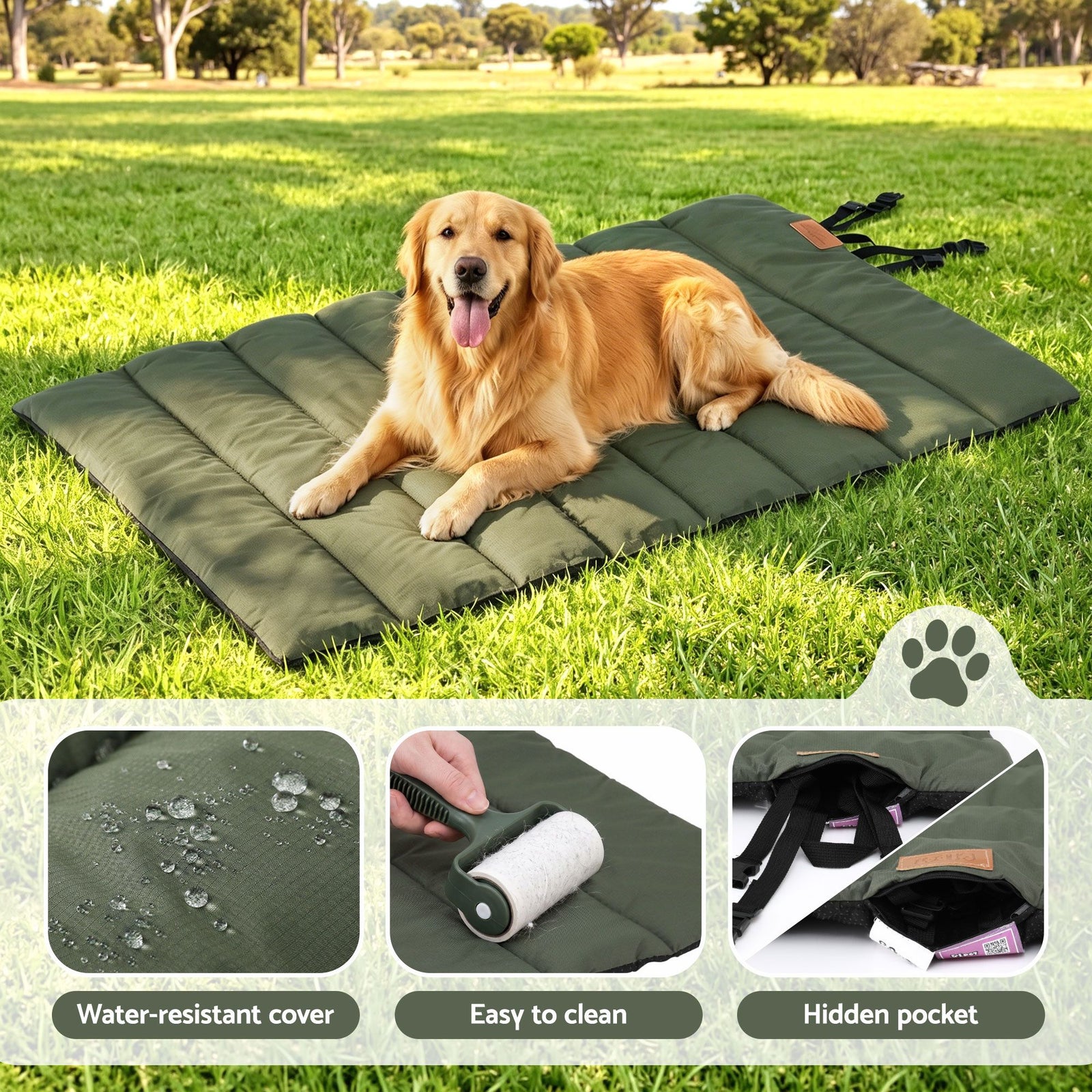 Outdoor Dog Bed Large Water-resistant Washable Foldable Travel Dog Mat Green