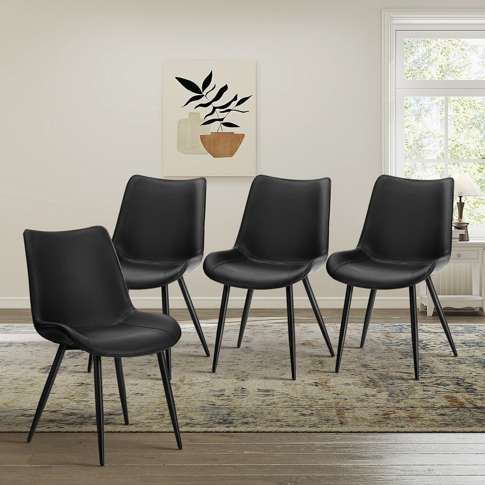 4x Dining Chairs, Kitchen Accent Upholstered PU Leather Seats, Black Colour