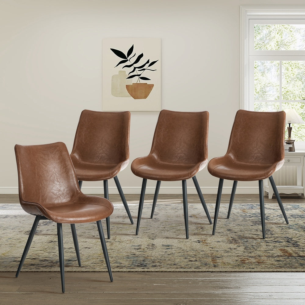4x Dining Chairs, Kitchen Accent Upholstered PU Leather Seats, Brown Colour
