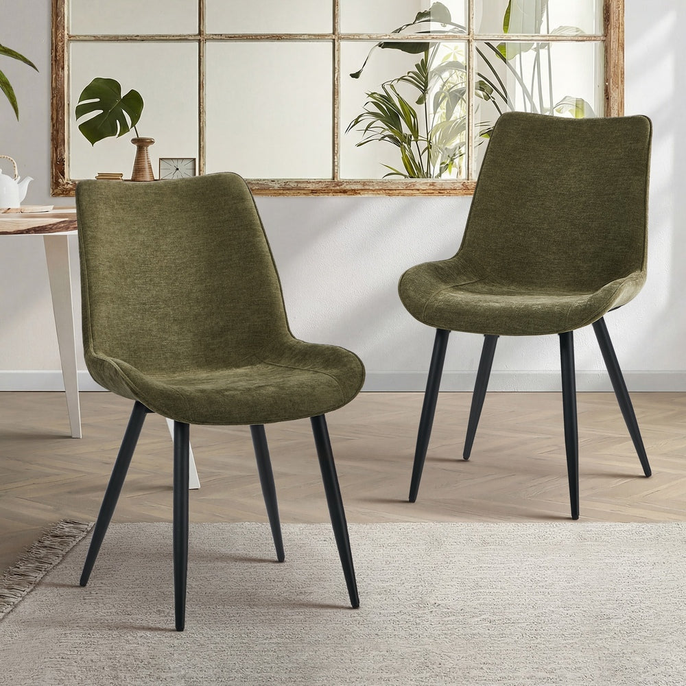 2x Accent Dining Chairs, Upholstered Linen Fabric Seating, Green Colour