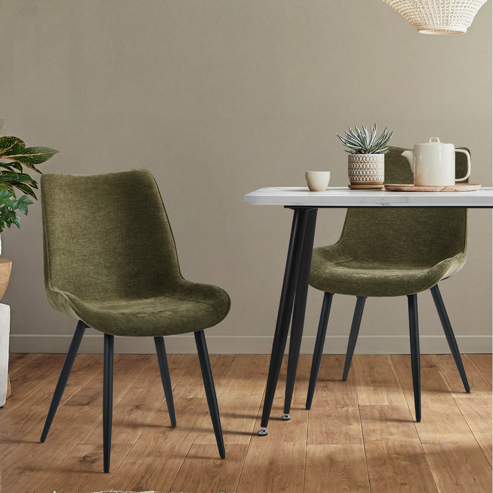 2x Accent Dining Chairs, Upholstered Linen Fabric Seating, Green Colour