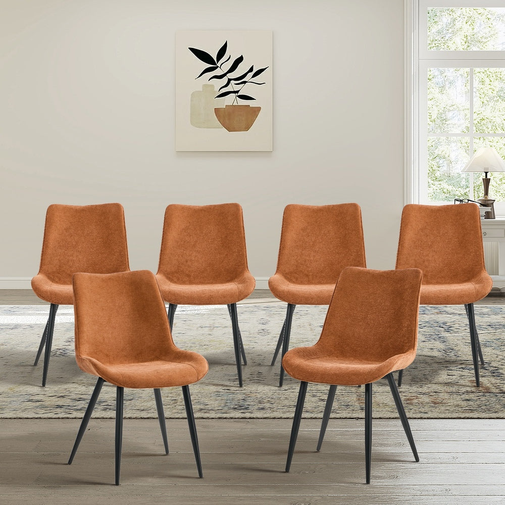 6x Accent Dining Chairs, Upholstered Linen Fabric Seating, Orange Colour