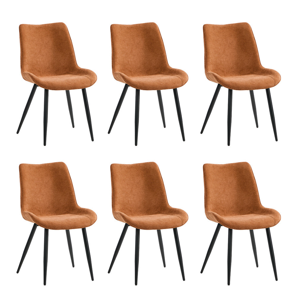 6x Accent Dining Chairs, Upholstered Linen Fabric Seating, Orange Colour