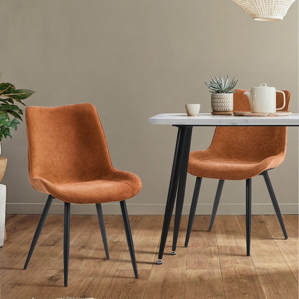 6x Accent Dining Chairs, Upholstered Linen Fabric Seating, Orange Colour
