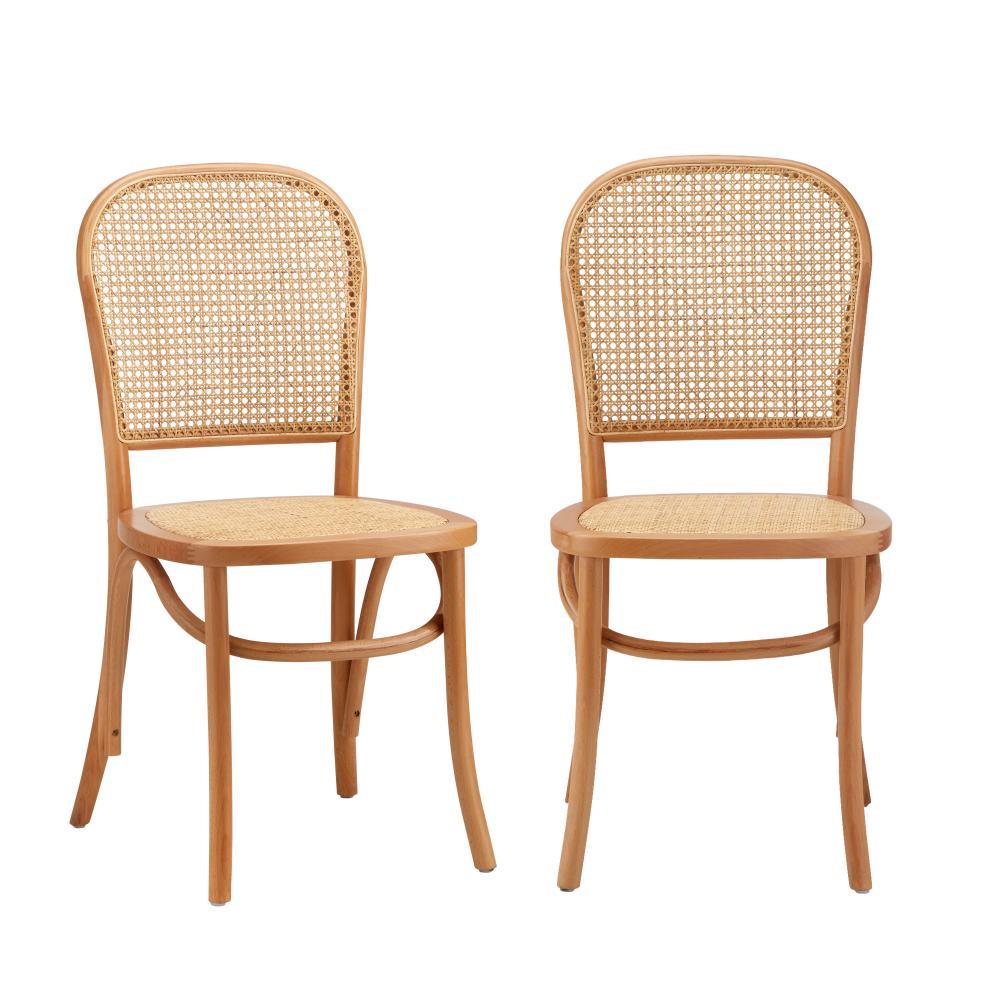 2PCS Dining Chairs Wooden Rattan Beige