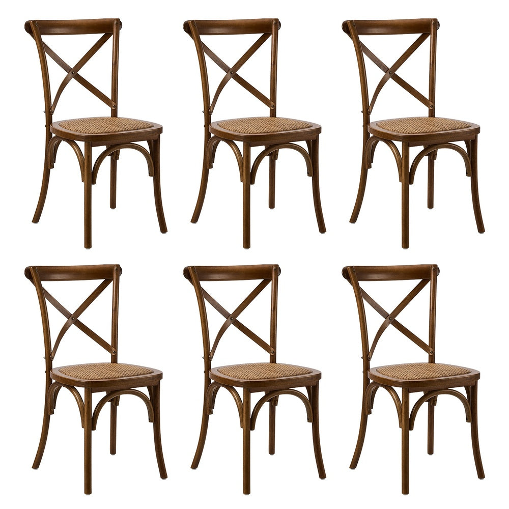 6PCS Crossback Wooden Dining Chair Rattan Seat Walnut