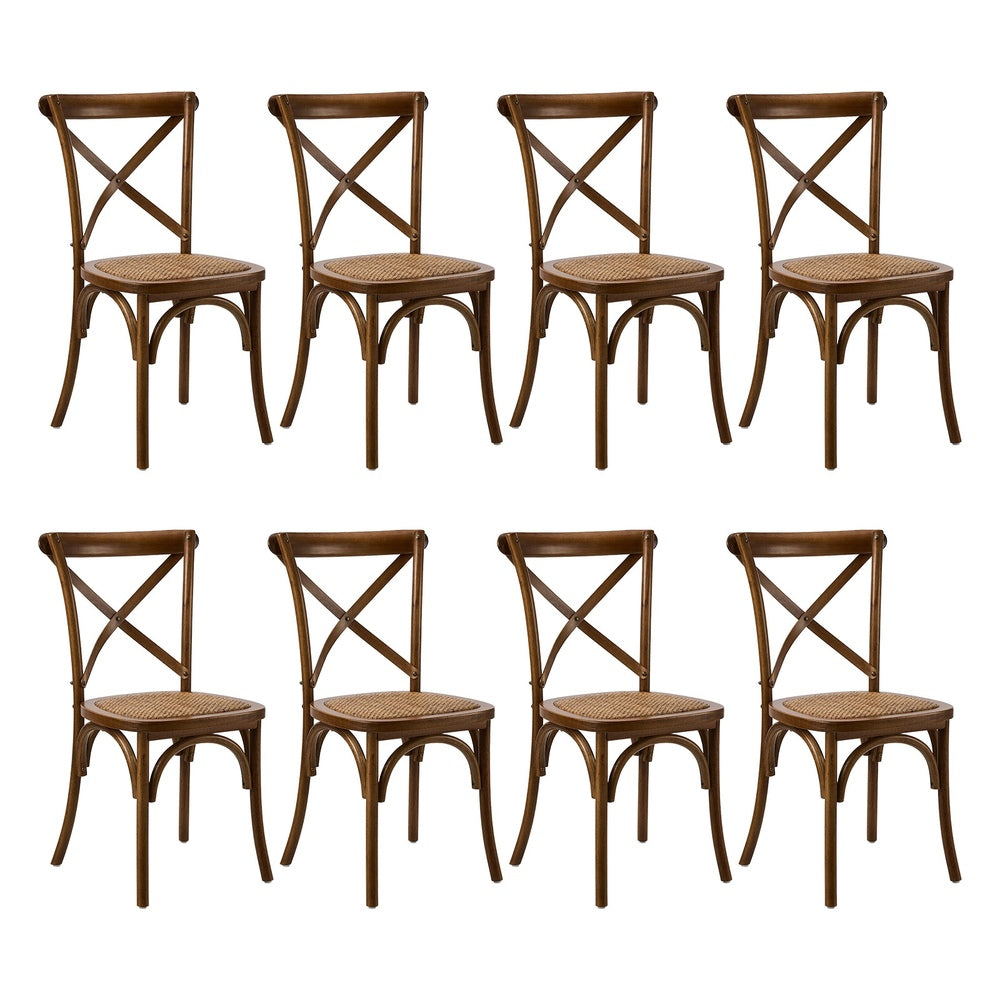 8PCS Crossback Wooden Dining Chair Rattan Seat Walnut