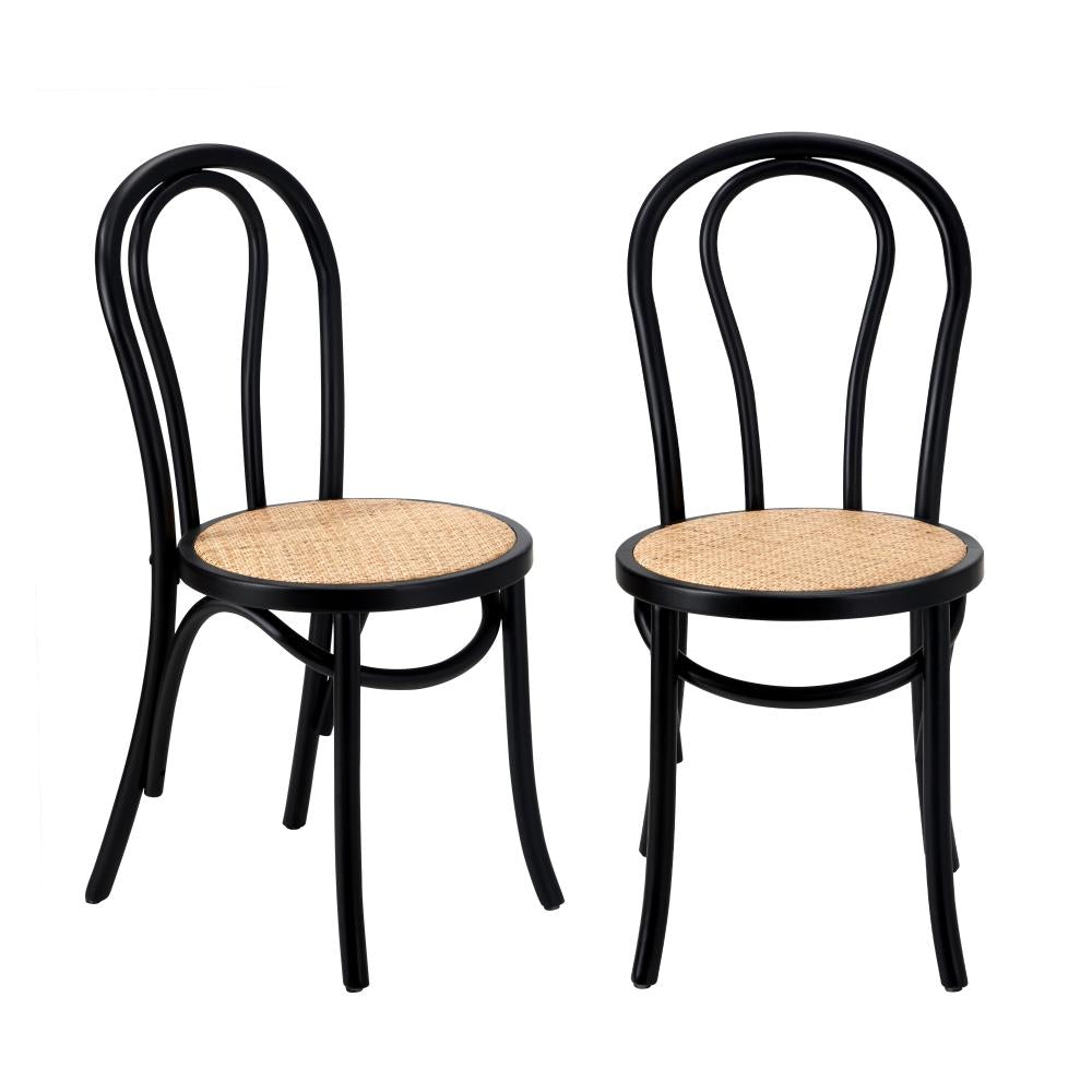 2PCS Dining Chair Solid Wooden Ratan Seat Black