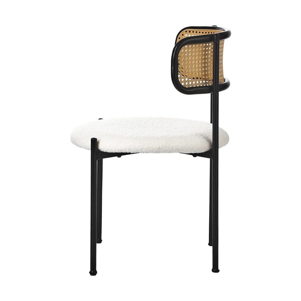 Oikiture 2x Dining Chair Round Boucle Rattan Backrest Black & White