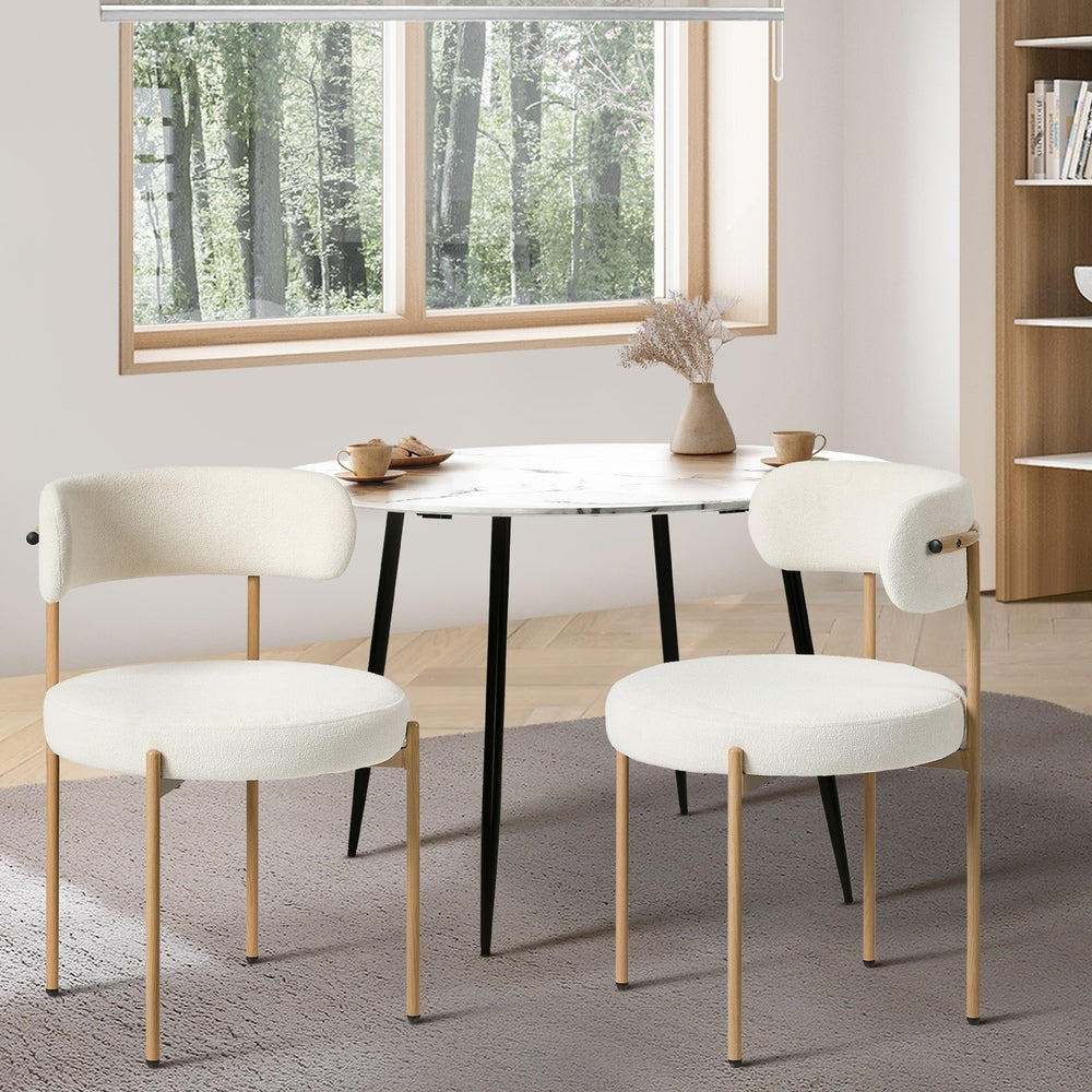 2x Dining Chair, Boucle Kitchen Lounge Seats, White & Natural Colour Combo