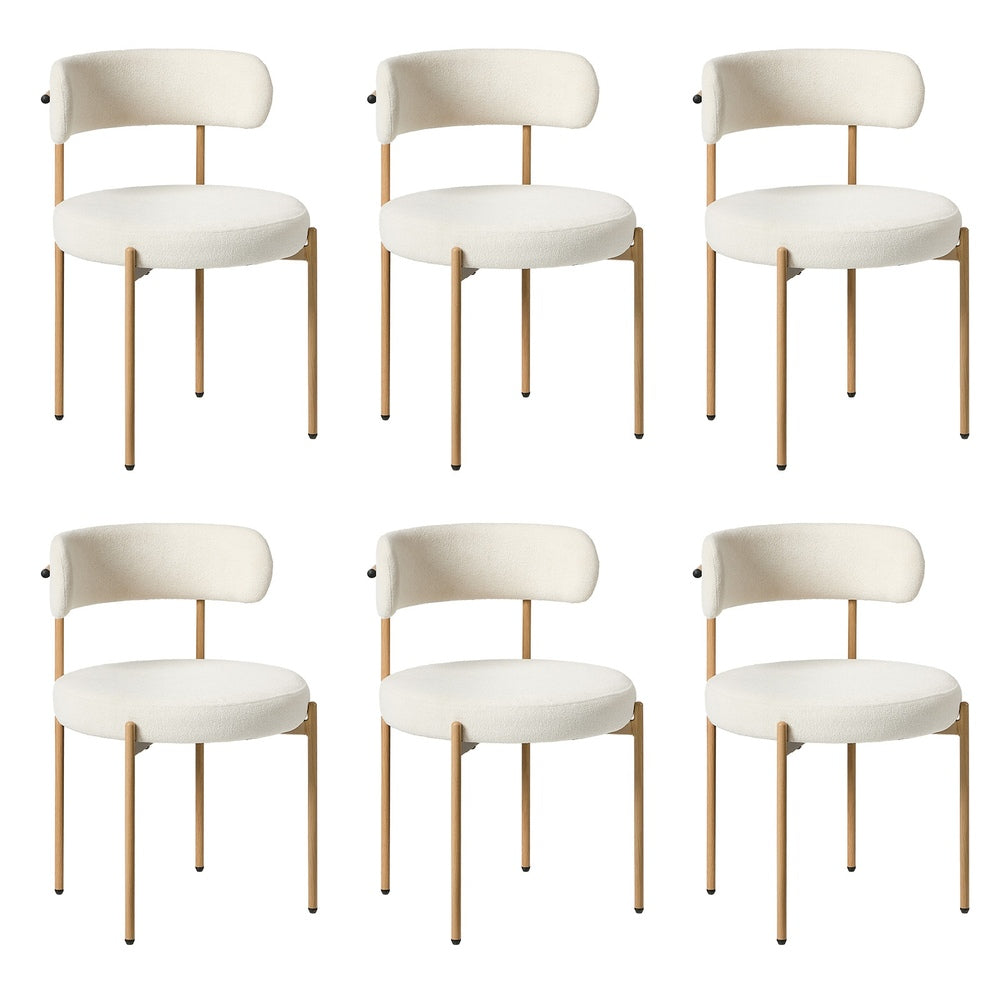 6x Dining Chair, Boucle Kitchen Lounge Seats, White & Natural Colour Combo