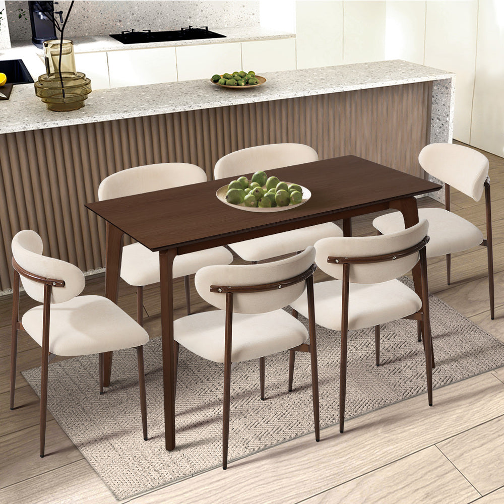 6x Dining Chairs Cafe Lounge Boucle Walnut and Beige, 120kg Weight Capacity