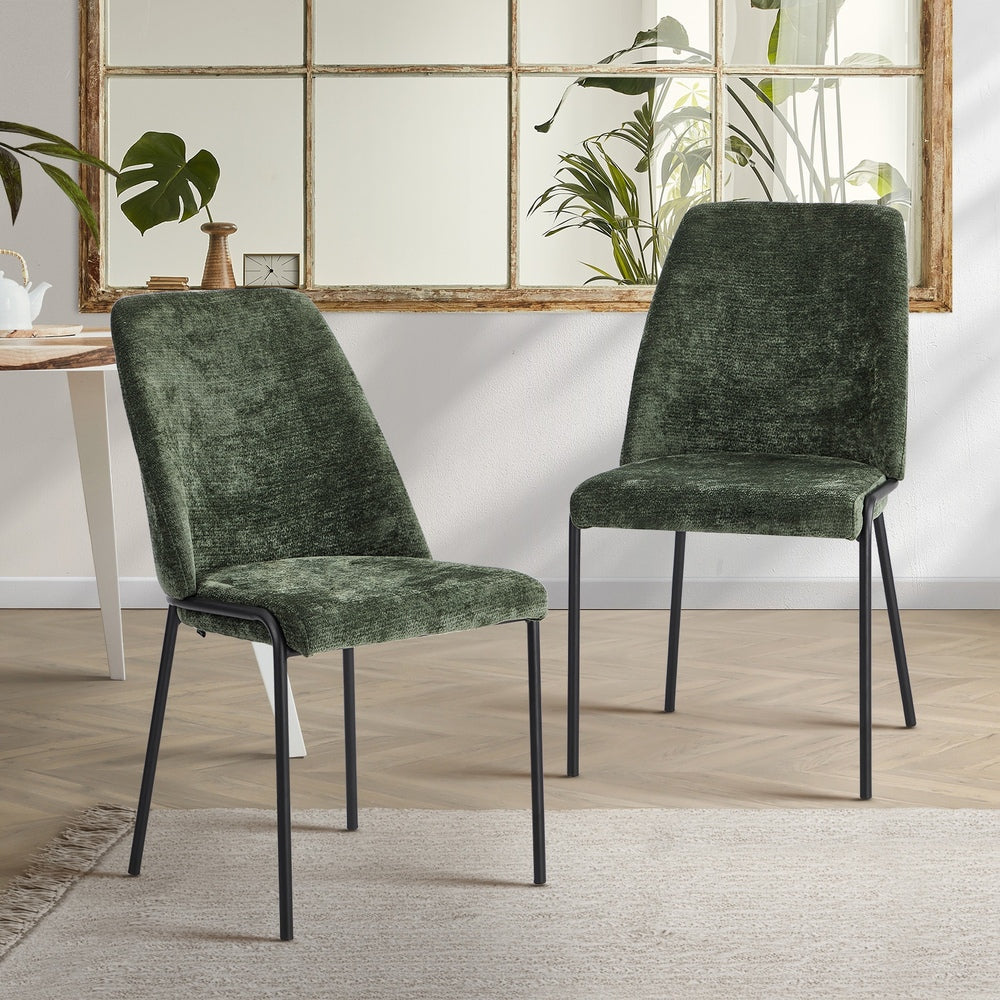 Set of 2 Dining Chairs Chenille Fabric Padded Seat Green