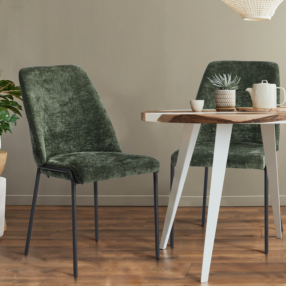 Set of 8 Dining Chairs Chenille Fabric Padded Seat Green