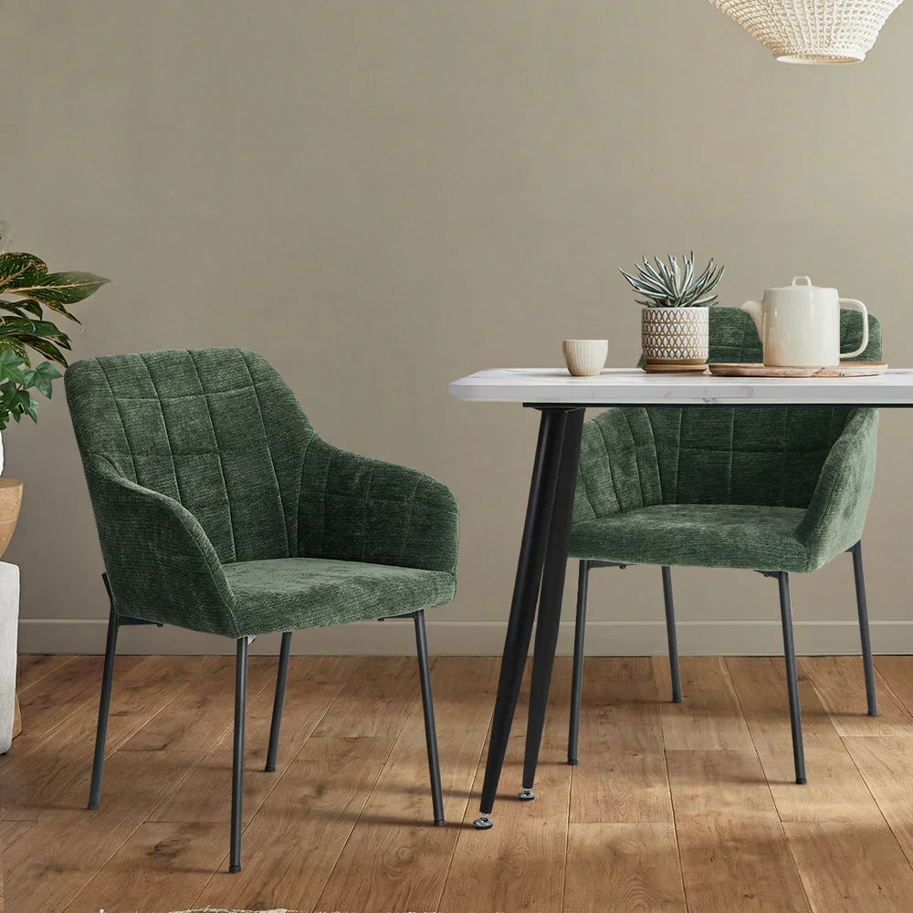 2x Dining Chairs Kitchen Armchairs Chenille Fabric Green