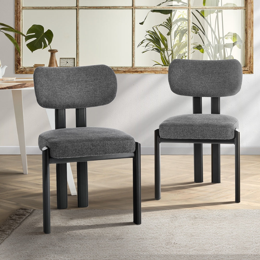 Set of 2 Dining Chairs Linen Fabric Padded Seat Grey
