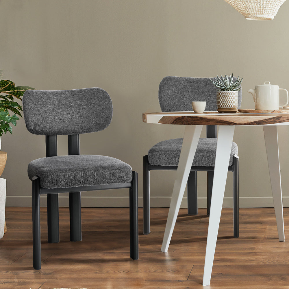 Set of 6 Dining Chairs Linen Fabric Padded Seat Grey