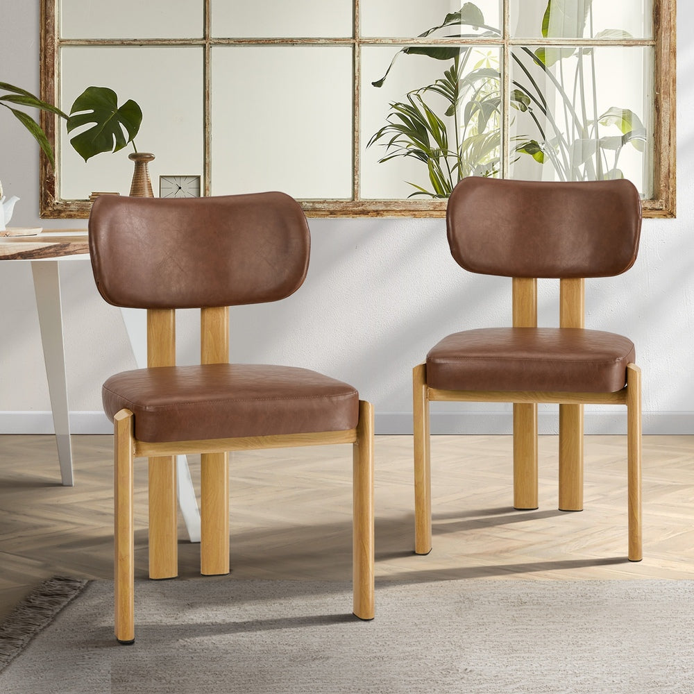Oikiture 2x Dining Chairs Linen Kitchen Padded Seat Beige & Brown