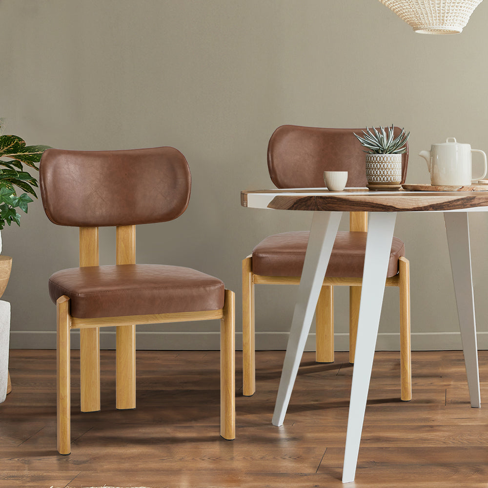 Oikiture 2x Dining Chairs Linen Kitchen Padded Seat Beige & Brown