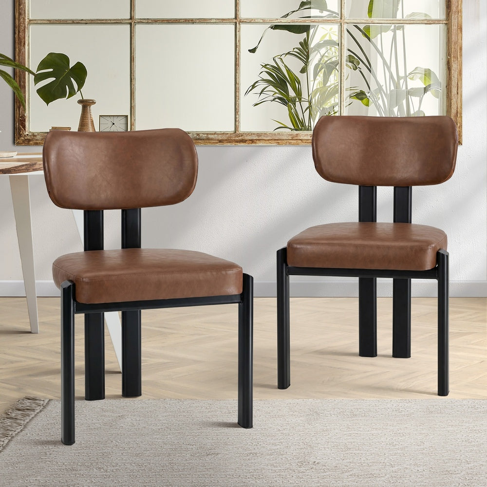 Oikiture 2x Dining Chairs Faux Leather Kitchen Chair Padded Seat Brown