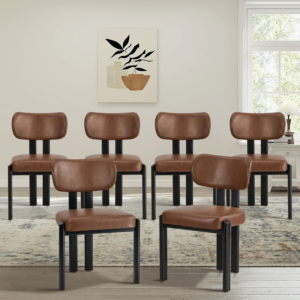 Oikiture 6x Dining Chairs Faux Leather Kitchen Chair Padded Seat Brown