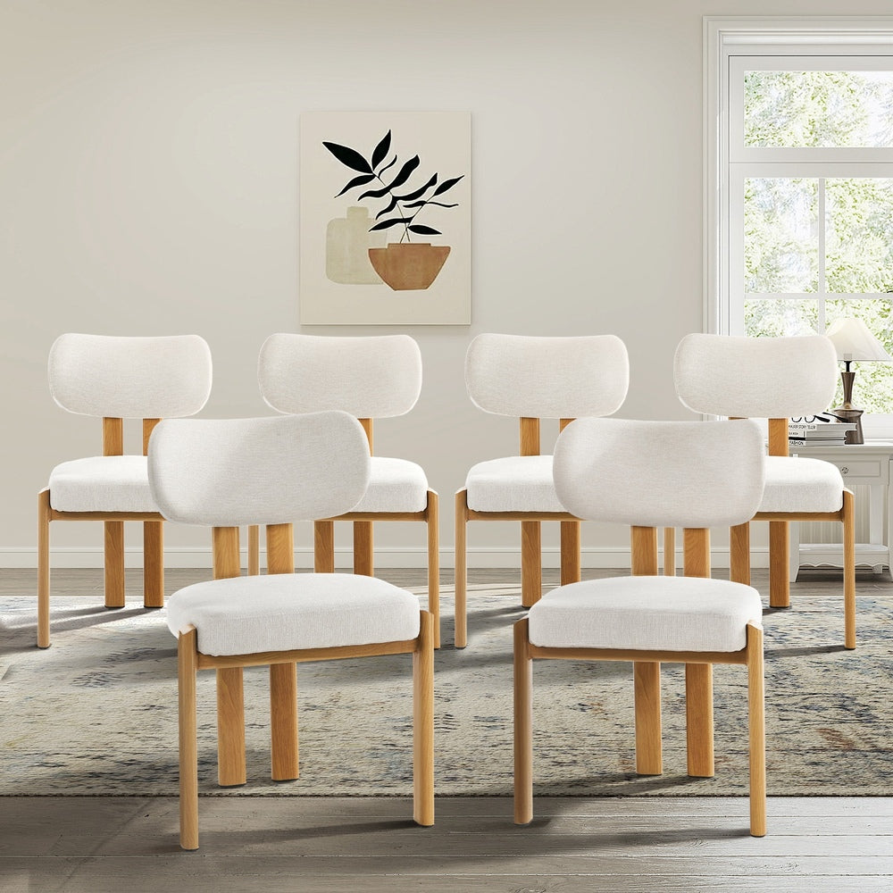 Set of 6 Dining Chairs Linen Fabric Padded Seat Beige
