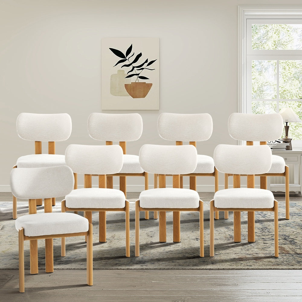 Set of 8 Dining Chairs Linen Fabric Padded Seat Beige