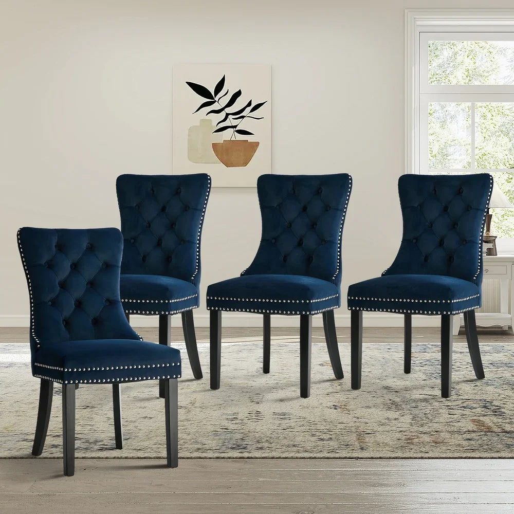 Velvet Dining Chairs with Tufted Back & Rubberwood Legs – Blue (4‑Pack)